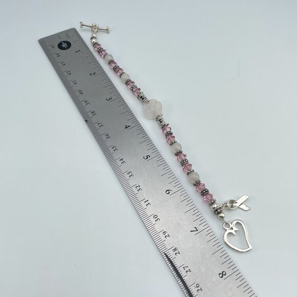 Bracelet Sterling Silver Flower Quartz Pink Crystal Beaded Breast Cancer Charm - Picture 8 of 8